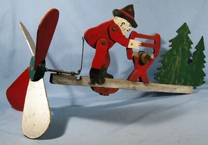 COLLECTIBLE FOLK ART PRIMITIVE WOOD WHIRLIGIG WOODCUTTER SAW LOG TREES CA 1950s  - Picture 1 of 10