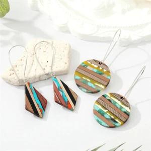 Layered Wooden & Resin Dangling Earrings in Bright Multi-Color, 2 Styles - Picture 1 of 7