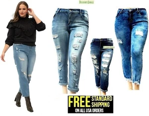 WOMENS PLUS SIZE BLUE Denim Ripped Distressed destroy girlfriend JEANS pants - Picture 1 of 34