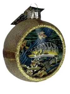 Old World Ornament Bass Fish Gold Bow Round Glass Christmas Tree Or Display - Picture 1 of 7