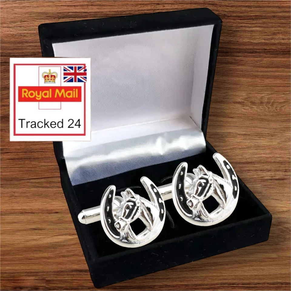 MENS PREMIUM HORSESHOE HORSE CUFFLINKS Wedding Gift Suit SET IN CUFFLINK BOX UK - Image 1 of 4