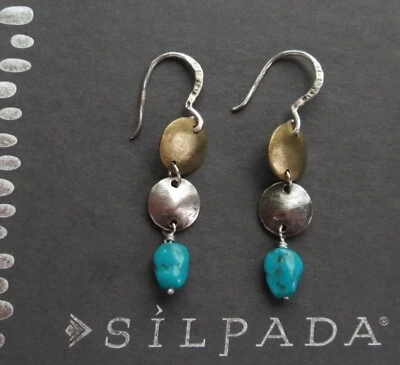 Pendientes colgantes Silpada plata esterlina latón turquesa cuentas tres discos W1817 Foto 1 de 4