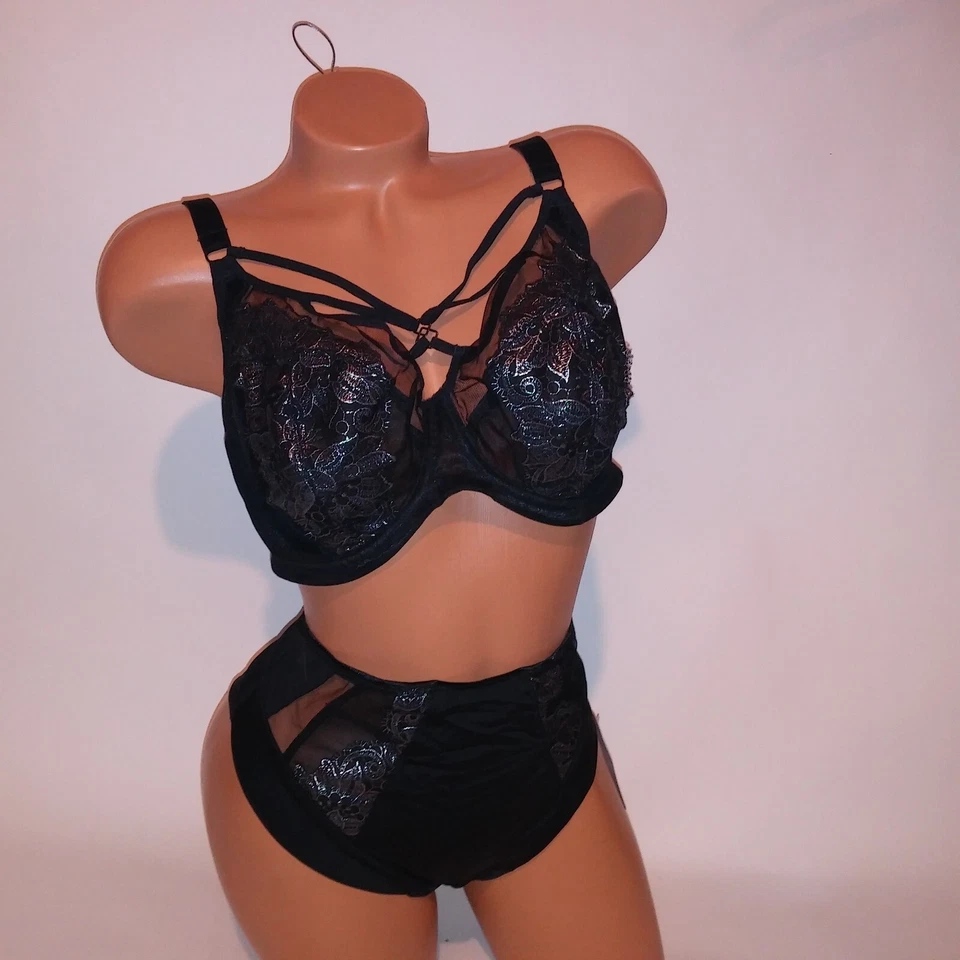 Juego de sujetador Elomi 36H sin forro bragas grandes negras plateadas transparentes con tiras metálicas nuevo Foto 1 de 4