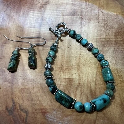 Green Turquoise Bracelet & Earrings Set Stone Beaded Sterling Silver? Beads 7.5” - Image 1 of 4