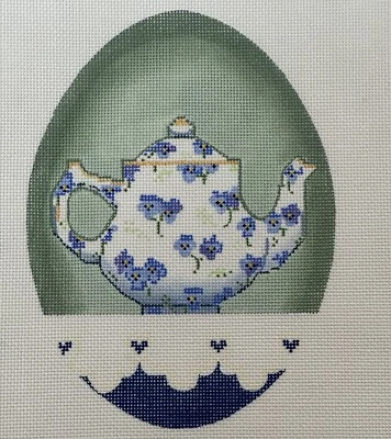 Teapot Tea Kettle Egg Shaped Hearts Flowers Handpainted Needlepoint Canvas B Fox - Image 1 of 4