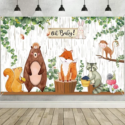 Woodland Baby Shower Backdrop Banner, Large Fabric Jungle Animal Birthday Party  - Image 1 of 4