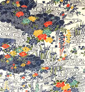 Rare Vintage Kimono White Crepe Silk Fabric Stenciled Floral Long 155cm - Picture 1 of 11
