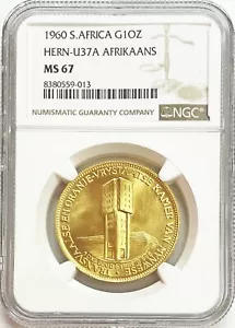 1960 GOLD SOUTH AFRICA 1 OZ REPUBLIC MINES GOLDEN JUBILEE COIN NGC MS 67 RARE - Picture 1 of 2