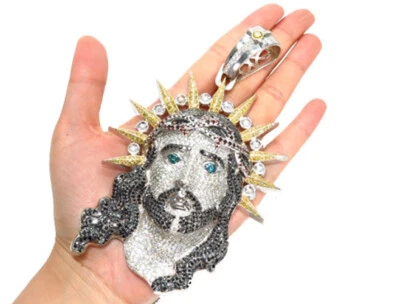 Colgante de 5 quilates de circonita cúbica blanca negra para hombre Jesús chapado en oro blanco plateado Foto 1 de 4