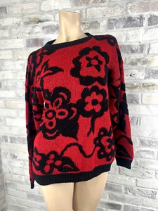 Vintage Retro Damenpullover groß rot & schwarz Blumen Grafik - Bild 1 von 10