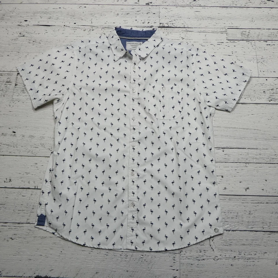 Free Planet Shirt Mens Large White Navy Flamingo Print Short Sleeve Button Up - Image 1 of 4