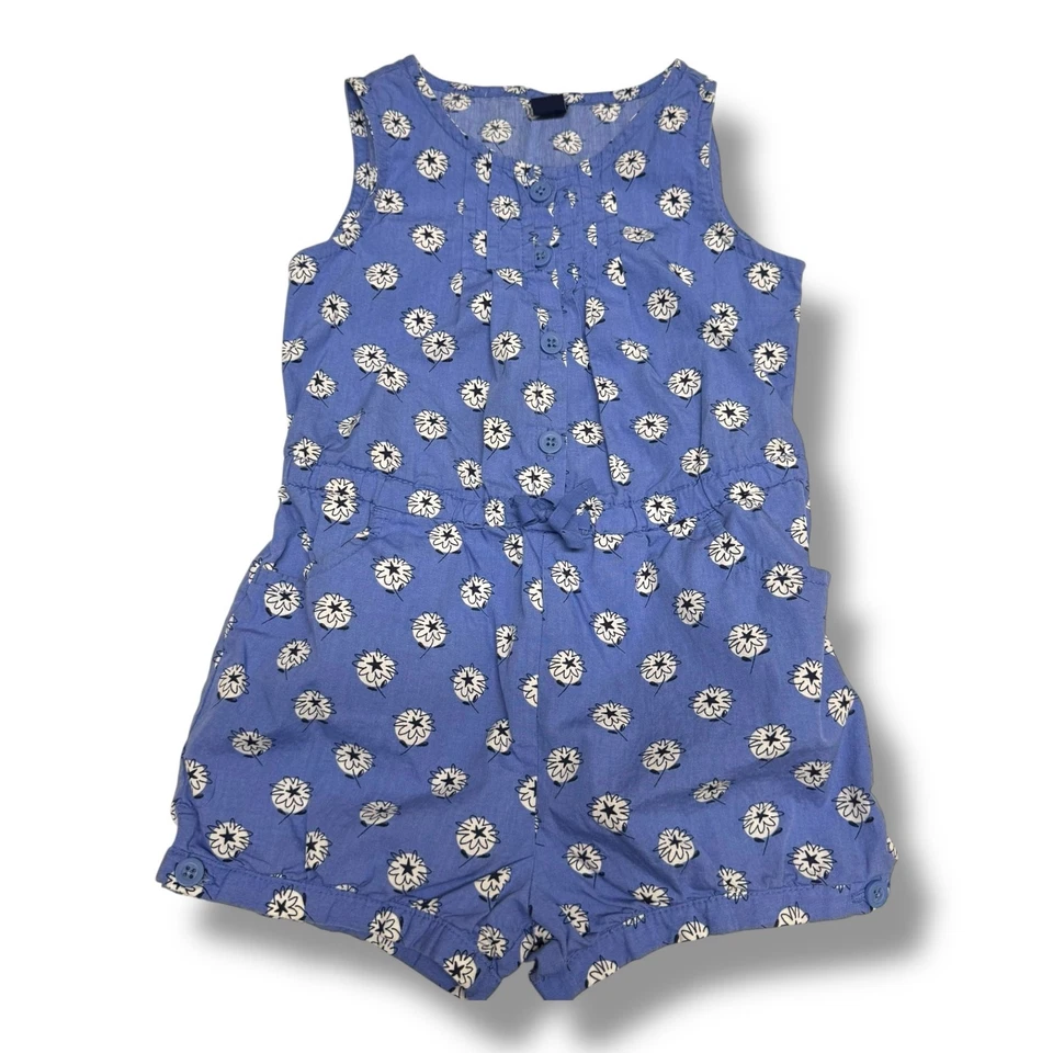 Gap Girls Romper Cabana Blue Floral Size 4 Cotton Buttons Pockets - Image 1 of 4