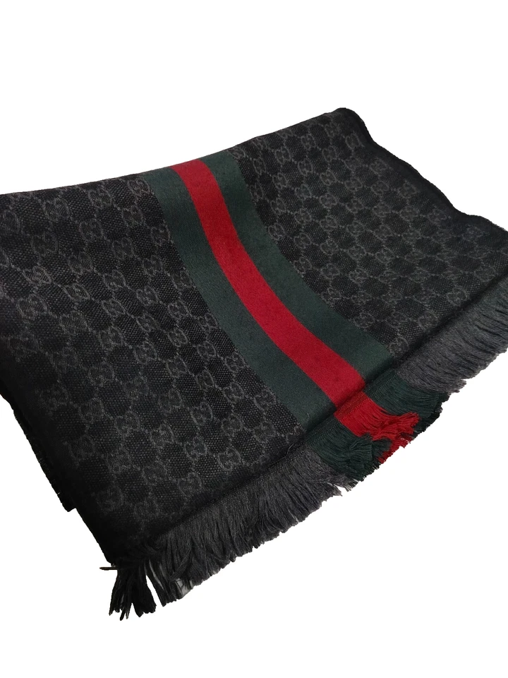GUCCI women's Wool silk Scarf Shawl Stole wrap Made in Italy GG Striped Black - Image 1 of 4