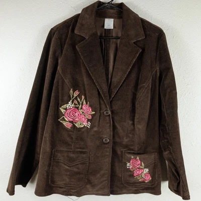VTG Women’s Corduroy Blazer XL Brown Pink Floral Embroidered  Boho Cottagecore - Image 1 of 4