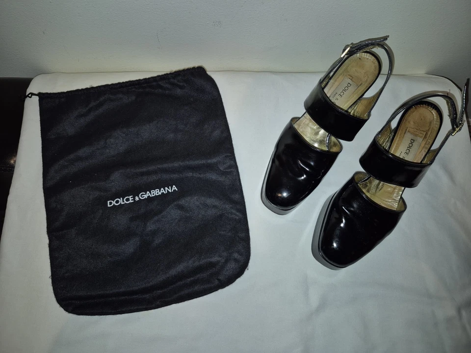 Dolce & Gabbana Vintage Preto Couro Patente Plataforma Slingback Bomba Tamanho UE 37 - Imagem 1 de 4