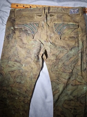 Pantalones de mezclilla Robins para hombre 42x36 verde camuflaje nuevos largos solapa estrás joyas brillantes  Foto 1 de 4