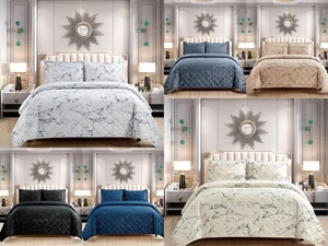 Juego de cama edredón acolchado de lujo con estampado de mármol de 3 piezas, cortinas - Imagen 1 de 67