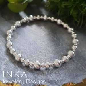 Inka 925 Sterling Silver Plain 6mm 5mm 3mm beaded Stacking Stretchy Bracelet  - Picture 1 of 8