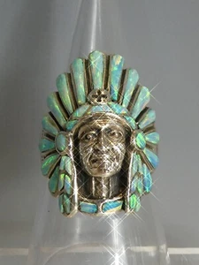 SILVER OPAL SET INDIAN CHEIF IN HEADRESS RING - Picture 1 of 15