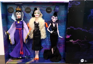 NEW Mattel Disney Villains 3 Dolls Gift Set in Sealed Mattel Mailer Box-HRF56 - Foto 1 di 16