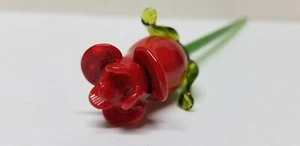 VENETIAN GLASS RED TWIST ROSE BUD 3 GREEN LEAVES LONG STEM GLASS FLOWER 12" - Picture 1 of 4