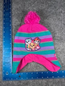 Paw Patrol Beanie Youth Girls Pink Blue Stripe Knit Acrylic Poly Ear Flaps Pom - Picture 1 of 8