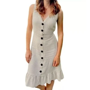 Monteau Button-Down Sleeveless Midi Dress Ruffle Hem Size S Linen Blend Beach - Picture 1 of 11