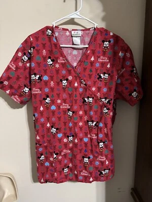 Disney Cuties Mickey Minnie Mouse "Merry Kissmouse" Medical Uniform Scrub Top L - Image 1 of 3