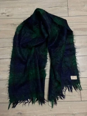 Vintage All Mohair Pile Wool Plaid Check Scarf Scotland 126x46cm Green Blue - Image 1 of 4