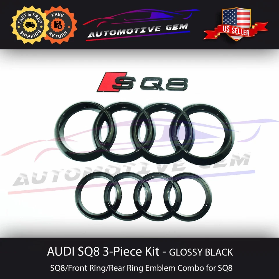 NUEVO AUDI SQ8 Emblema NEGRO BRILLANTE Parrilla Delantera Anillo Trasero Logo Insignia SLine Kit Foto 1 de 2