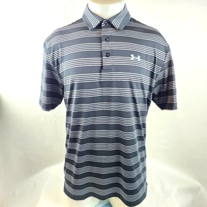 Under Armour Shirt Mens Large Black Gray Stripe HeatGear Loose Fit Golf Polo - Picture 1 of 6
