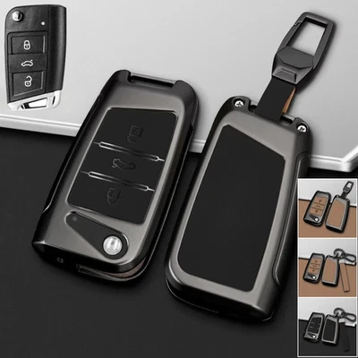 Zinc Alloy Leather Car Key Fob Case Cover For VW Seat Leon Golf Polo Karoq Skoda - Image 1 of 4