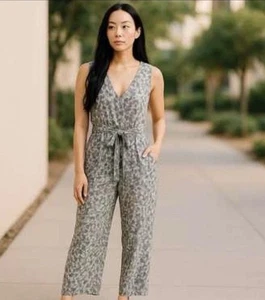 Cloth & Stone Sleeveless Wrap Jumpsuit Gray Animal Print 100% Tencel Sz M Preppy - Picture 1 of 7