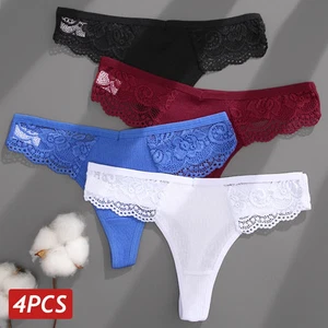 Baumwolle Spitze Tangas V Taille Frauen Atmungsaktiv Weich Sexy Unterwäsche 4 Stück Set - Bild 1 von 16