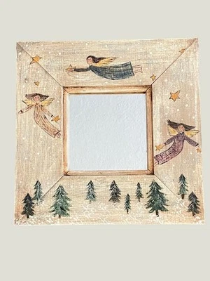 Primitive Hand Painted Folk ART Flying Angels Mirror signed TLC Walnut Creek 11" - Image 1 of 4