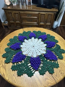 Vintage hand crocheted 34”3D Purple Grape~Green Leaves~White Center doily/topper - Picture 1 of 6