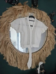 Vintage 70s boho indian cheesecloth Cotton ivory crochet cropped tie shirt s 6 - Picture 1 of 5