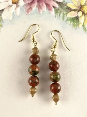 Pendientes colgantes de jaspe marrón verde dorado para mujer hechos a mano joyería artesanal Foto 1 de 4
