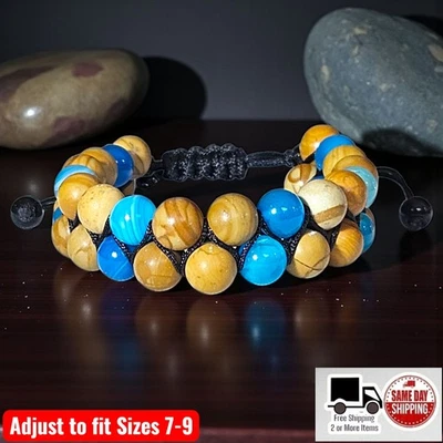 Brown Wood / Fire Blue Agate Double Row Adjustable Bracelet Sz 7-9 - Image 1 of 2