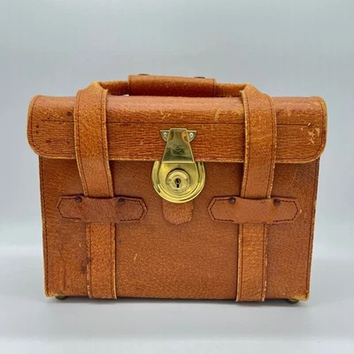Vintage Camera Bag Brown Leather Train Luggage Small Travel Bag Gold Tone Lock - Image 1 of 4
