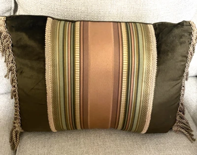 Croscill "Carrington" Cinnamon Green Stripe Lumbar Rectangle Throw Pillow Fringe - Image 1 of 4