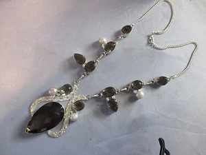 BEAUTIFUL NEW SMOKY TOPAZ & PEARL NATURAL GEMSTONE NECKLACE 23" VERY NICE GIFT - Picture 1 of 5