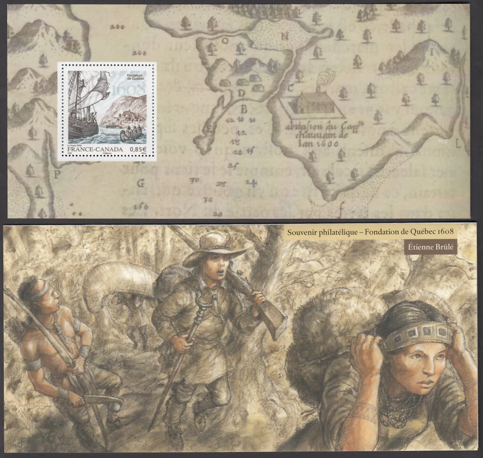 5/6 = FRANCIA-CANADÁ = EDICIÓN CONJUNTA 2008 = MNH S/S en carpeta "Etienne Brule" Foto 1 de 1