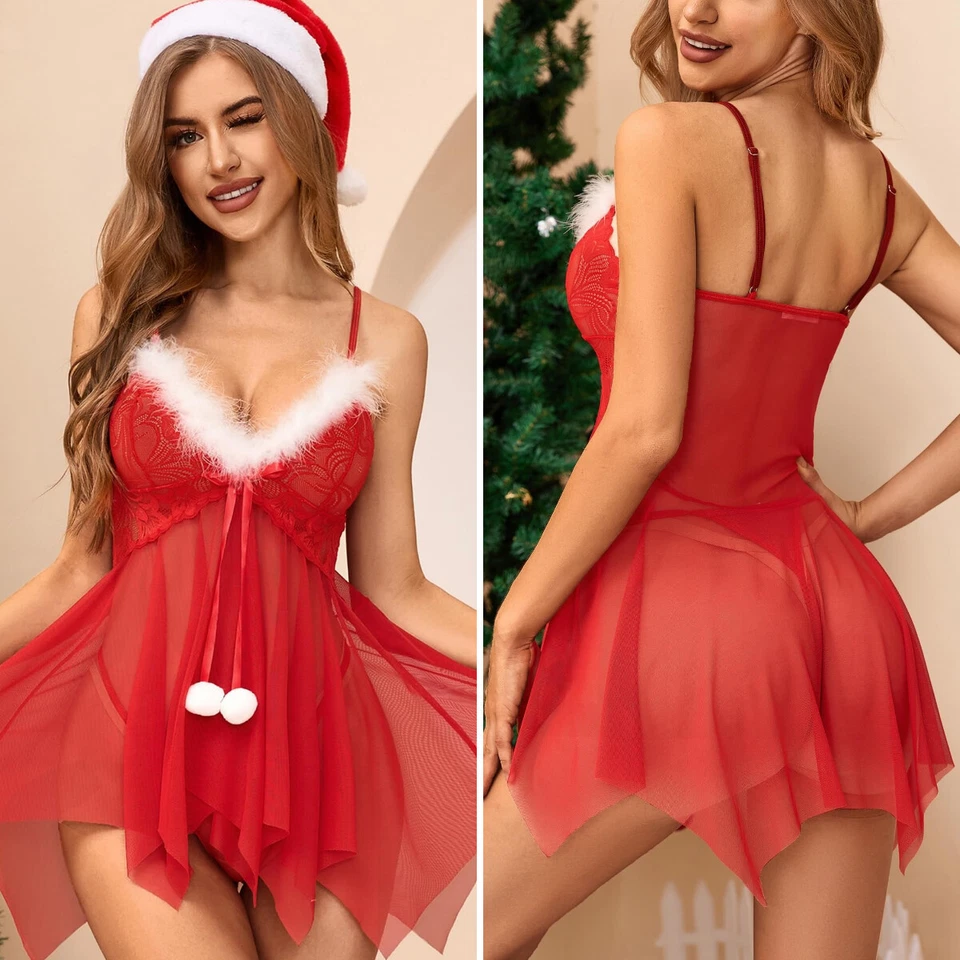 Lencería de Navidad para Mujer Papá Noel Babydoll Chemise Lindo Papá Noel Conjunto EE. UU. Foto 1 de 1
