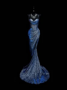 Blue Cocktail Dress Shiny Sequins Strap Split High Waist Lady Prom Evening Gown - Picture 1 of 6