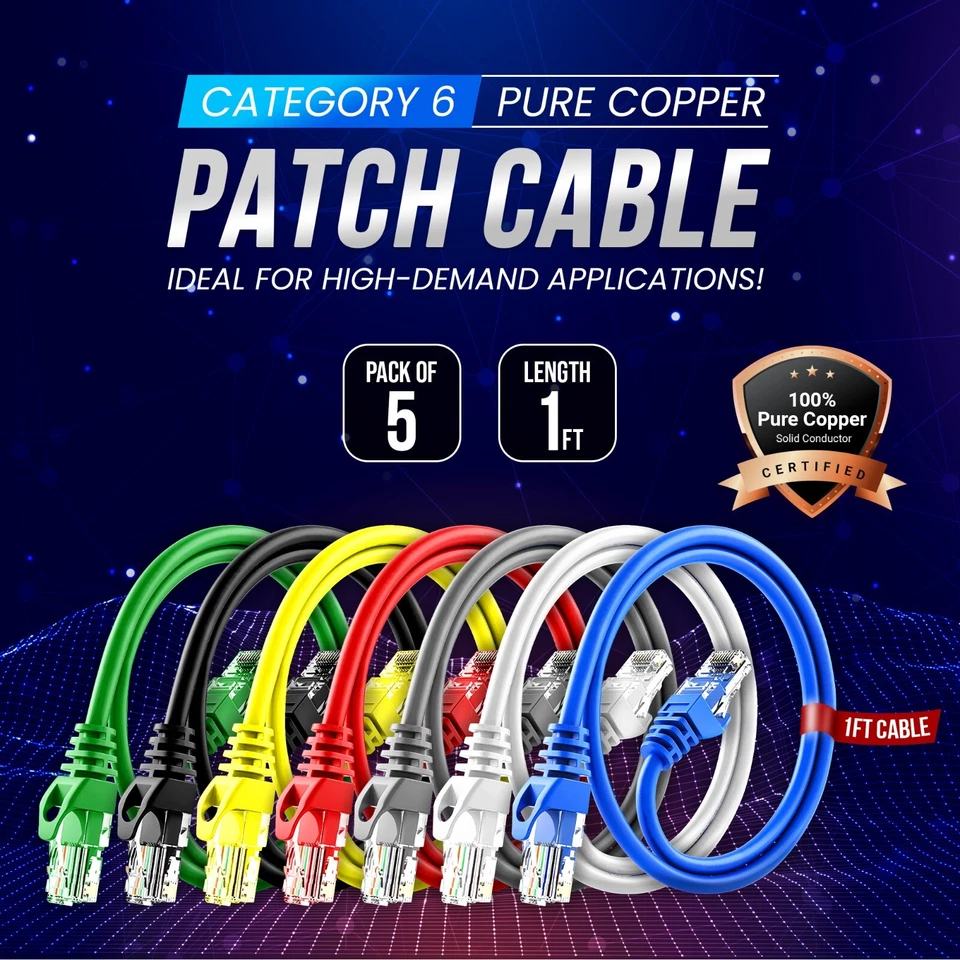 Cabo Patch Cat6 1 pé RJ45 Ethernet cobre puro – pacote com 5 - Imagem 1 de 1