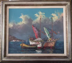 Vintage Mid Century Signed FISHER OIL PAINTING ~VIVID BOATS AT WHARF - Picture 1 of 21