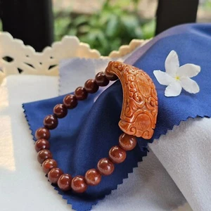 High Quality Red Jade Bracelet Orange Brown Carved Words Luk Type A Width 8.5 mm - Picture 1 of 10
