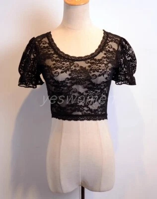 Women Lace Mesh Top Sexy Sheer Crop Tops See Through Short Sleeve Shirt Tee - Image 1 of 4