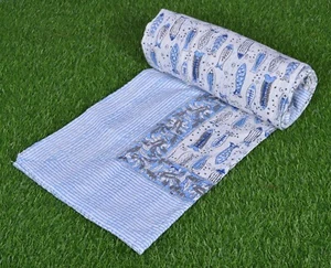 Indian Hand Block Print Kantha Quilt Bedspread Cotton Bedding Throw Blanket Fish - Picture 1 of 6